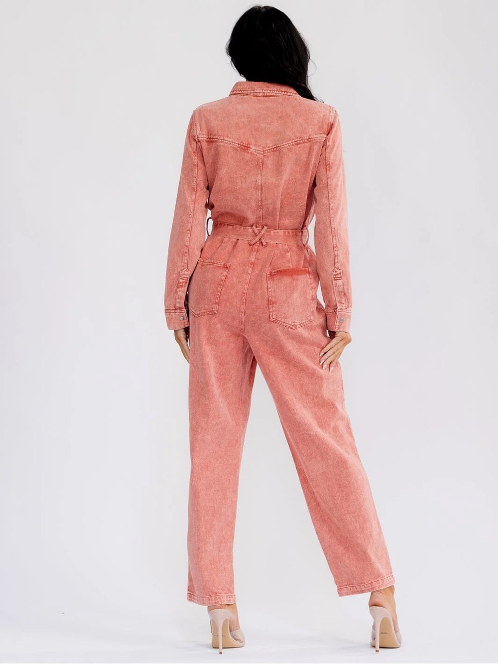 Coral Washed Denim Button-Up Utility  S Jumpsuit Belted 100% Cotton - Picture 5 of 11